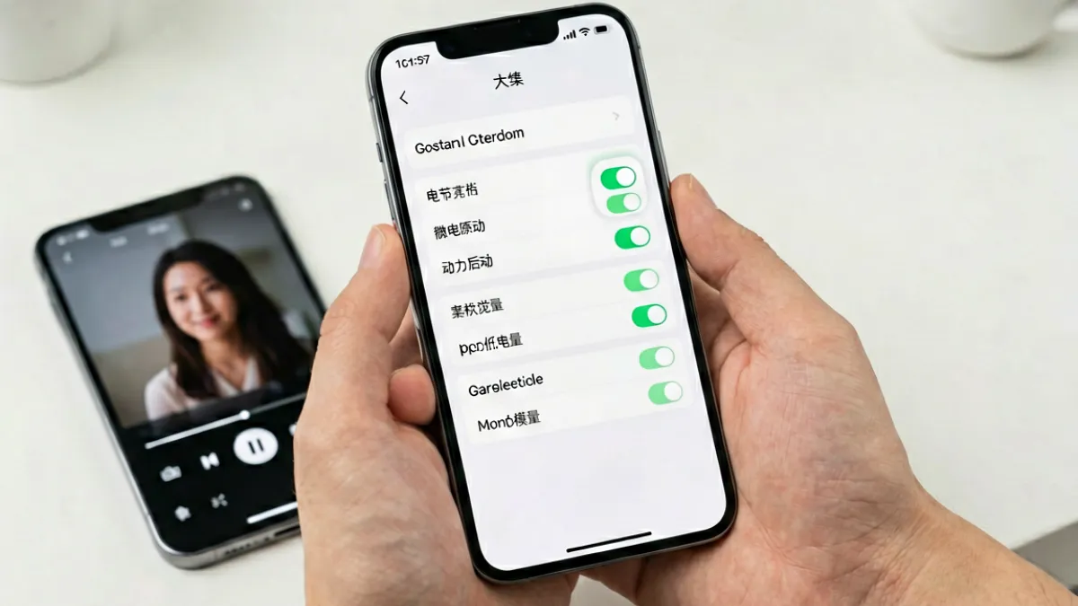 手机端访问17C.嫩草在线观看免费时视频播放中断的场景，用户正在检查手机设置中的低电量模式选项